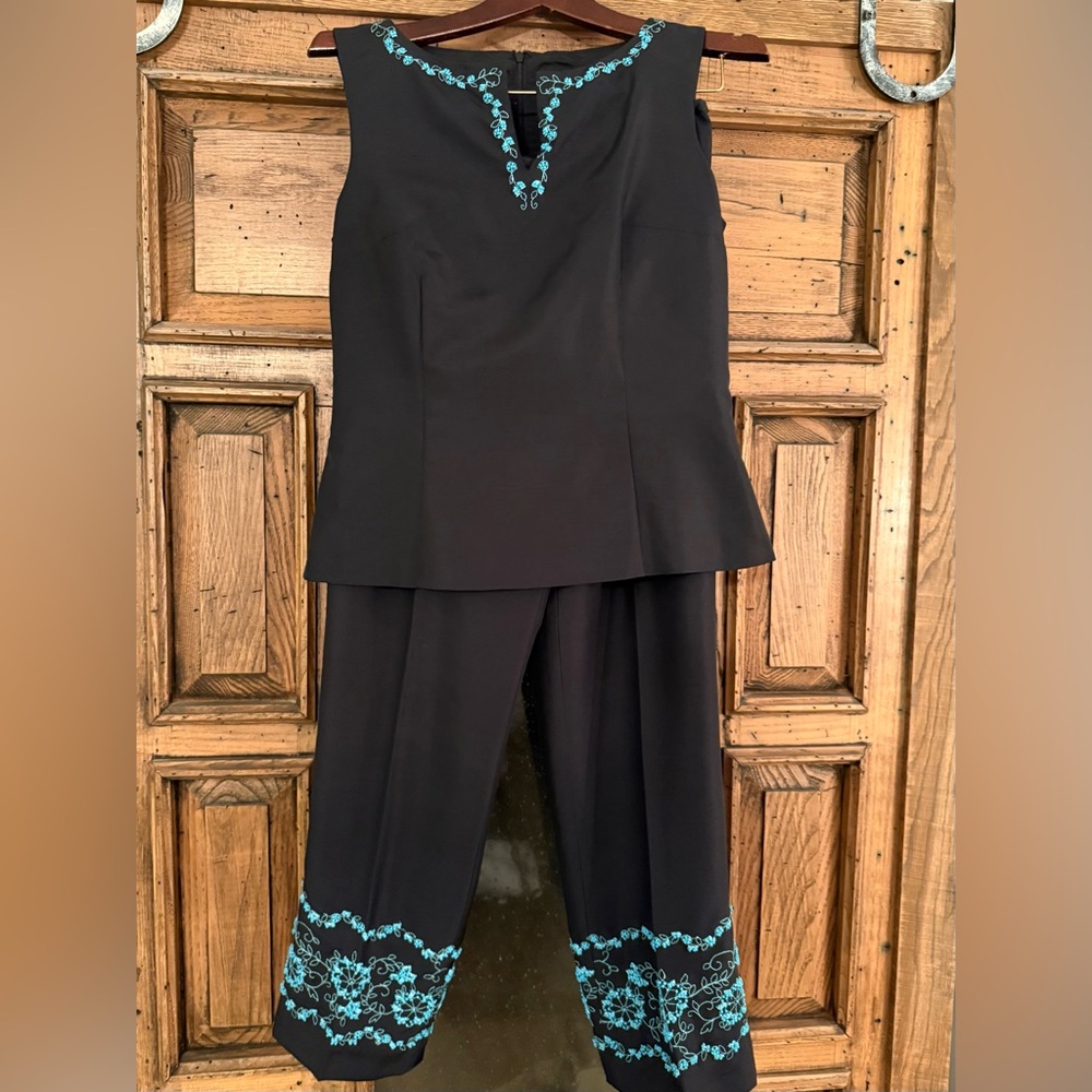 Elegant Black and Blue Embroidered Women's pant suit